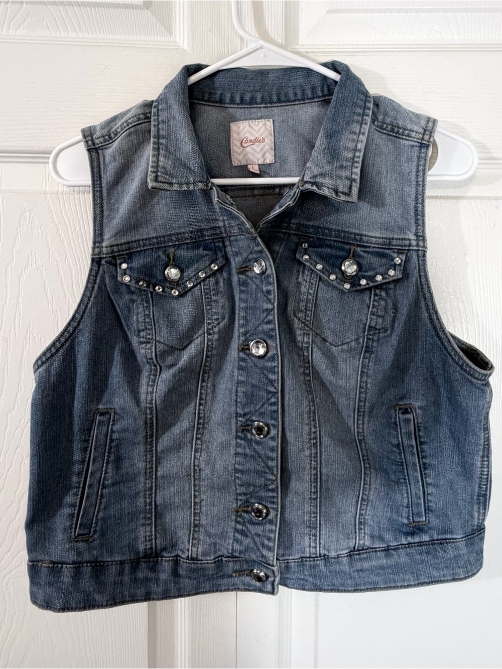 Candie’s Rhinestone Cropped Denim Vest Blue Juniors Large bling sparkle western